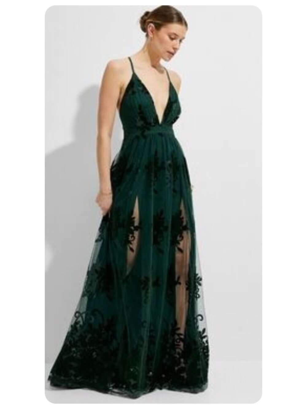 Windsor Morgan Emerald Green Floral Mesh & Flocked Velvet Spaghetti Strap Dress